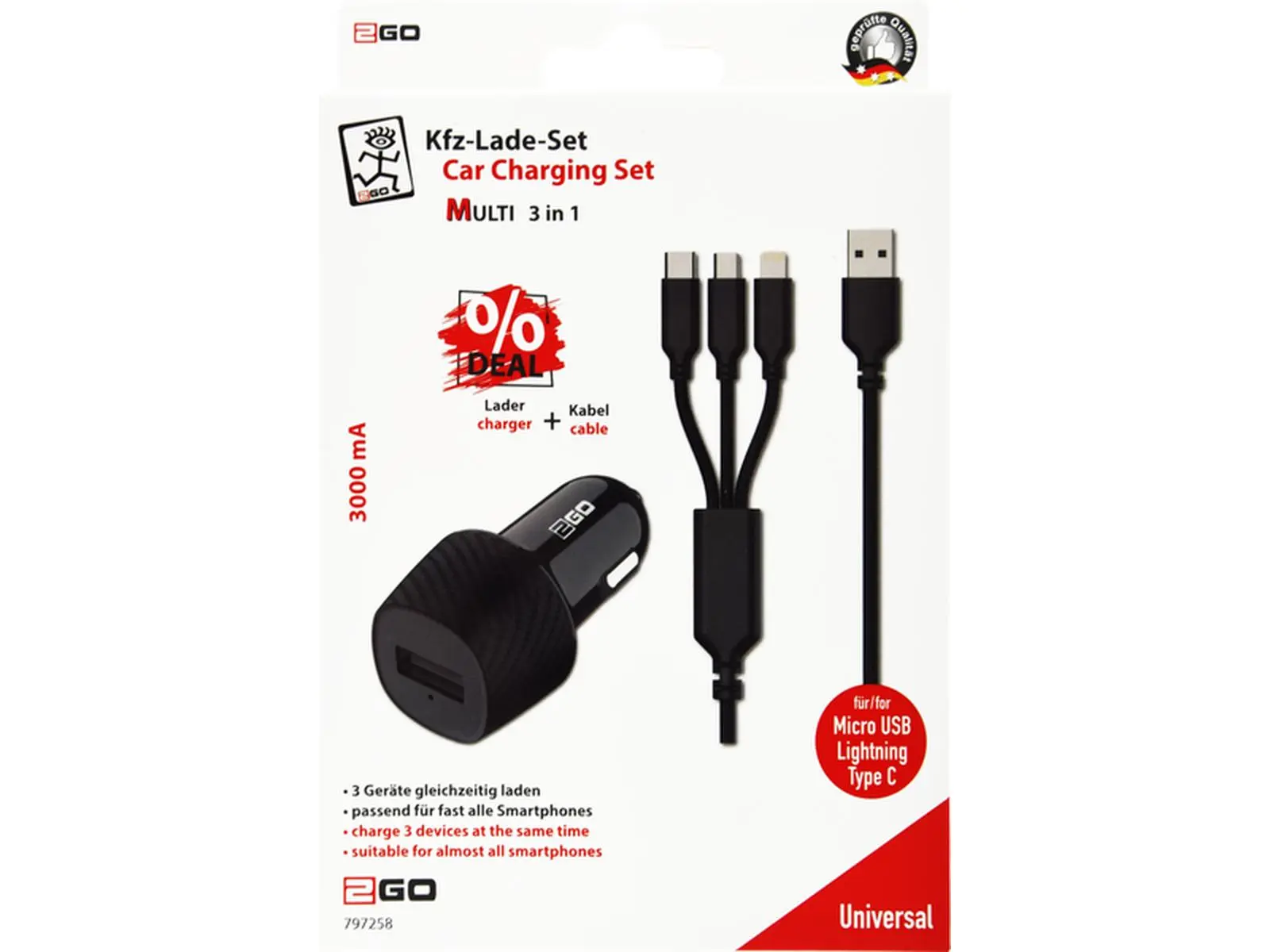 KFZ-Ladegerät USB, Ladekabel 3 in 1, schwarz