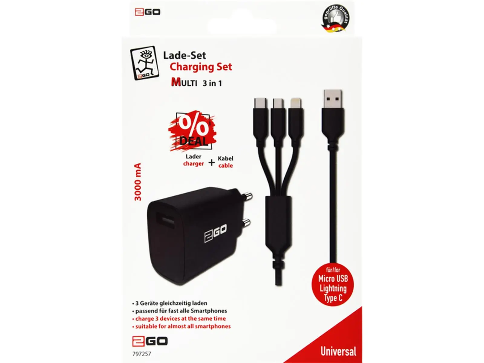 Netzladegerät USB, Ladekabel 3 in 1, schwarz